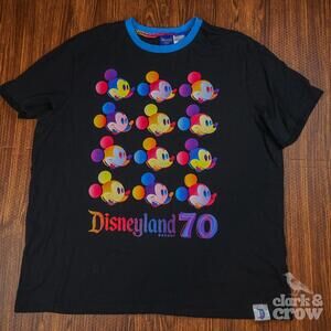 WDW Disneyland 70th Anniversary Mickey Mouse Rainbow Grid Black T-Shirt Size XL
